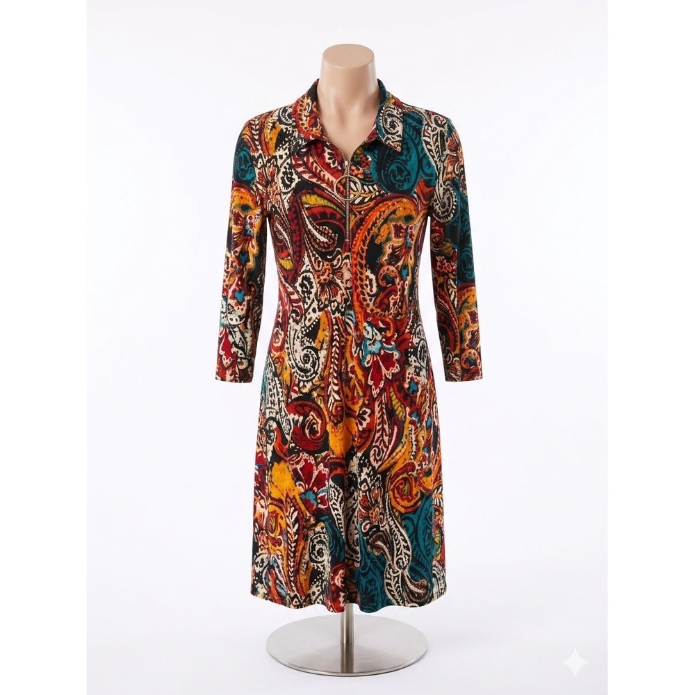MSK Womens Paisley Print O-Ring Quarter Zip Shift Dress Multi-Color Size L